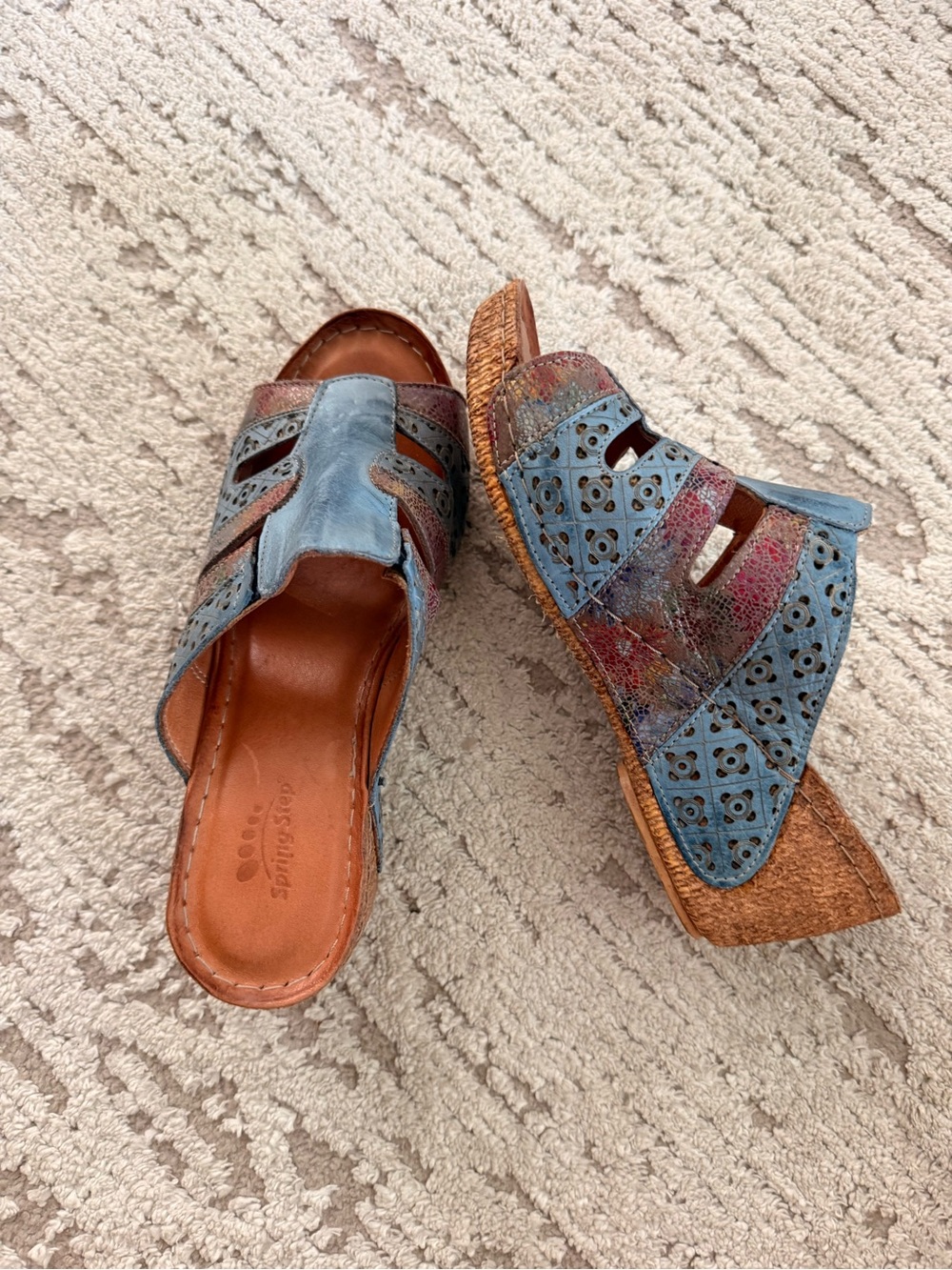 Spring Step Blue Multicolor Perforated Leather Slide Mules